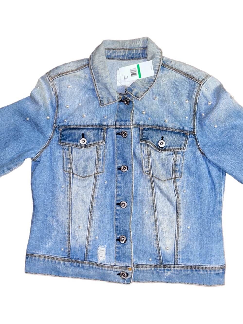 Jessica Simpson ~ Junior Large ~ Blue Denim W/ White Faux Pearls ~ Jacket ~ New
